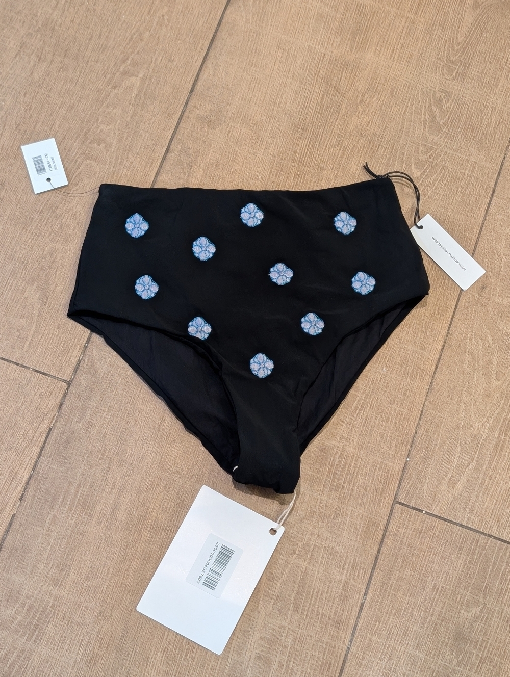 Anemone Black High-Waist Bikini Bottom with Blue Floral Embroidery Size Small